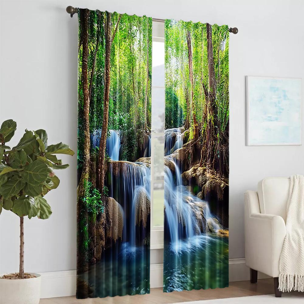 2Pcs Natural Landscape Print Window Curtain Rod Pocket Design For Easy Installation Decorative Curtains For Living Room Bedroom