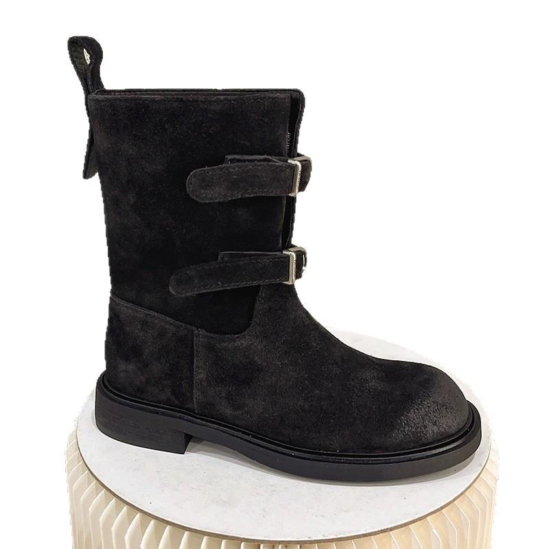 Cowhide version~ retro polished round head belt buckle Martin boots women's 2025 new thick heel western cowboy boots short boots