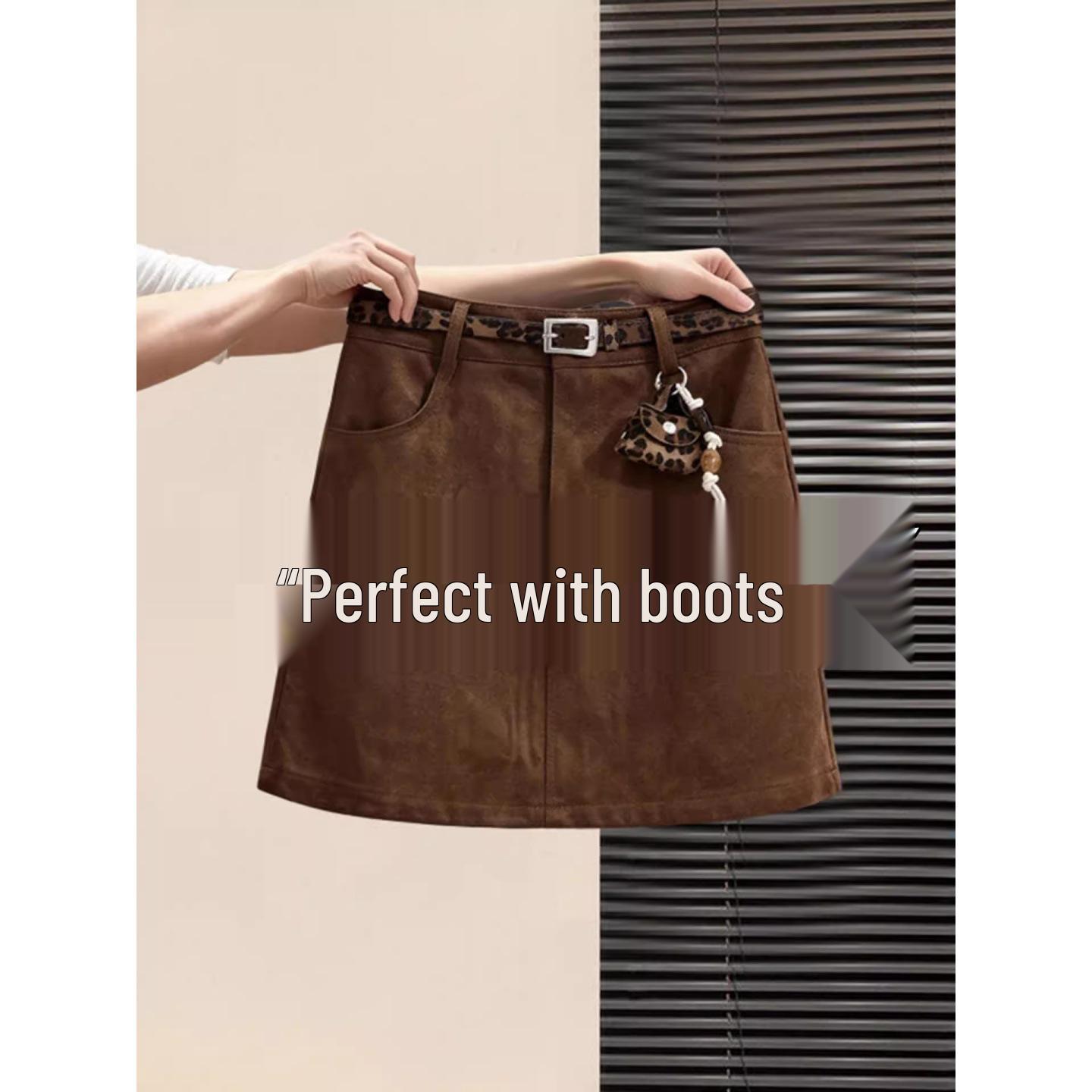 Slightly Plump Ladies  Brown Suede Belted Skirt: Plush Deer Skin, Hip-Hugging Short Spring/Autumn Half-Skirt. 4XL
