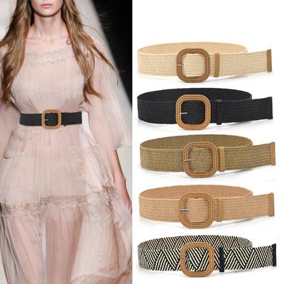 Summer Women's Elastic Braided Belt Square Buckle Vintage Boho Straw Belt Dress Belt
