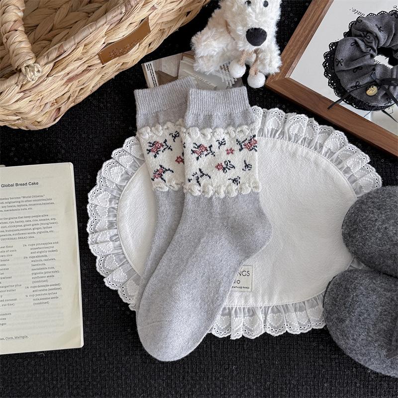 Floral Wool Socks - Children's Autumn and Winter Woolen Textured Mid-length Socks with Added Thickness for Warmth. Trendy Pile Socks for Winter.
