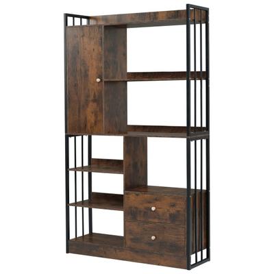 Bookshelf Cabinet Bookcase, 6 Shelf Bookcase with Doors And Drawers Floor Tall Shelves To Ceiling Industrial Steel Shelf, Brown