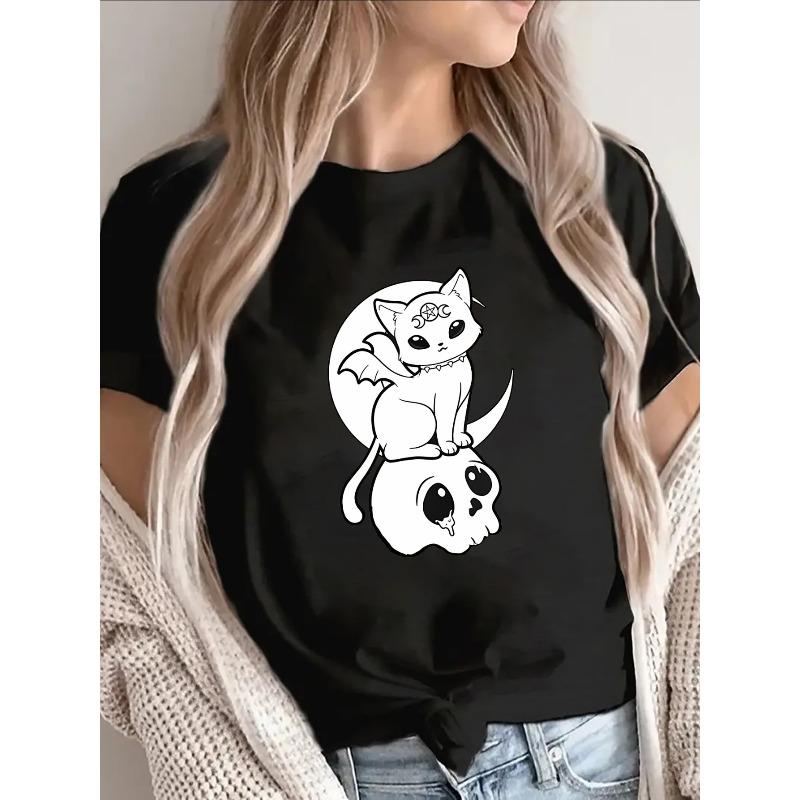 

Lightweight Black T-Shirt with a White Cat And Skull Graphic, Ideal for Casual Outings at Home Or in a Café, Great for Halloween Or Daily Wear 4XL чорний
