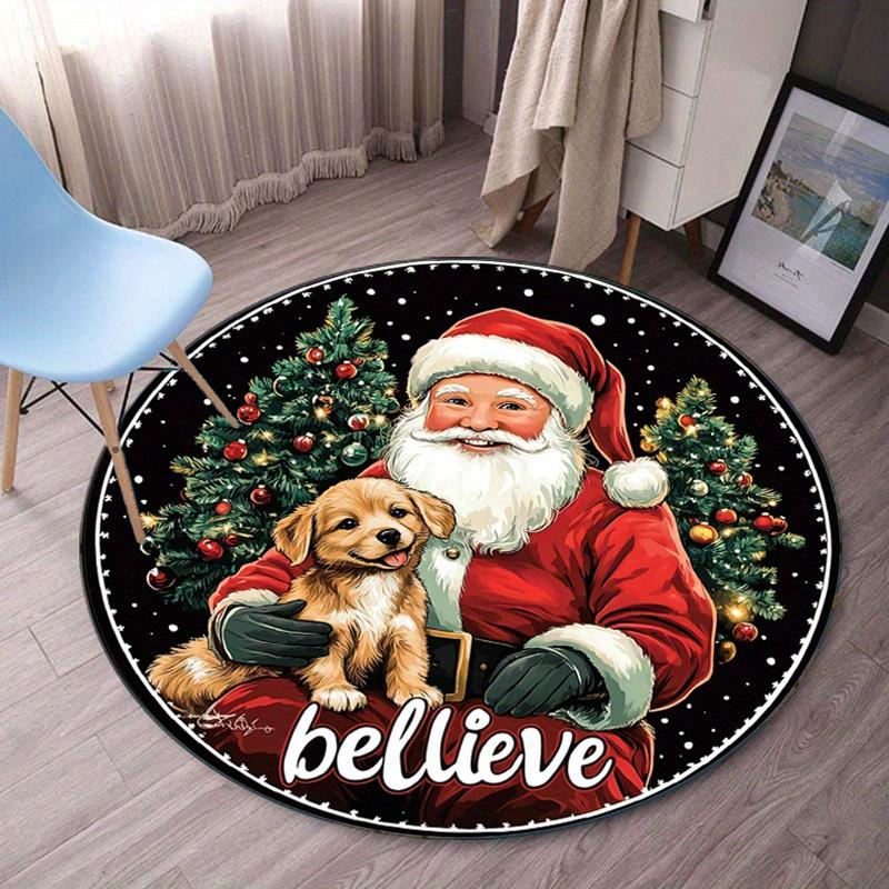 

Round Crystal Velvet Rug Santa Claus Dog Christmas Tree Believe Holiday Xmas Gift Decor Round Rug for Kids Room Family Home 60cm x 60cm