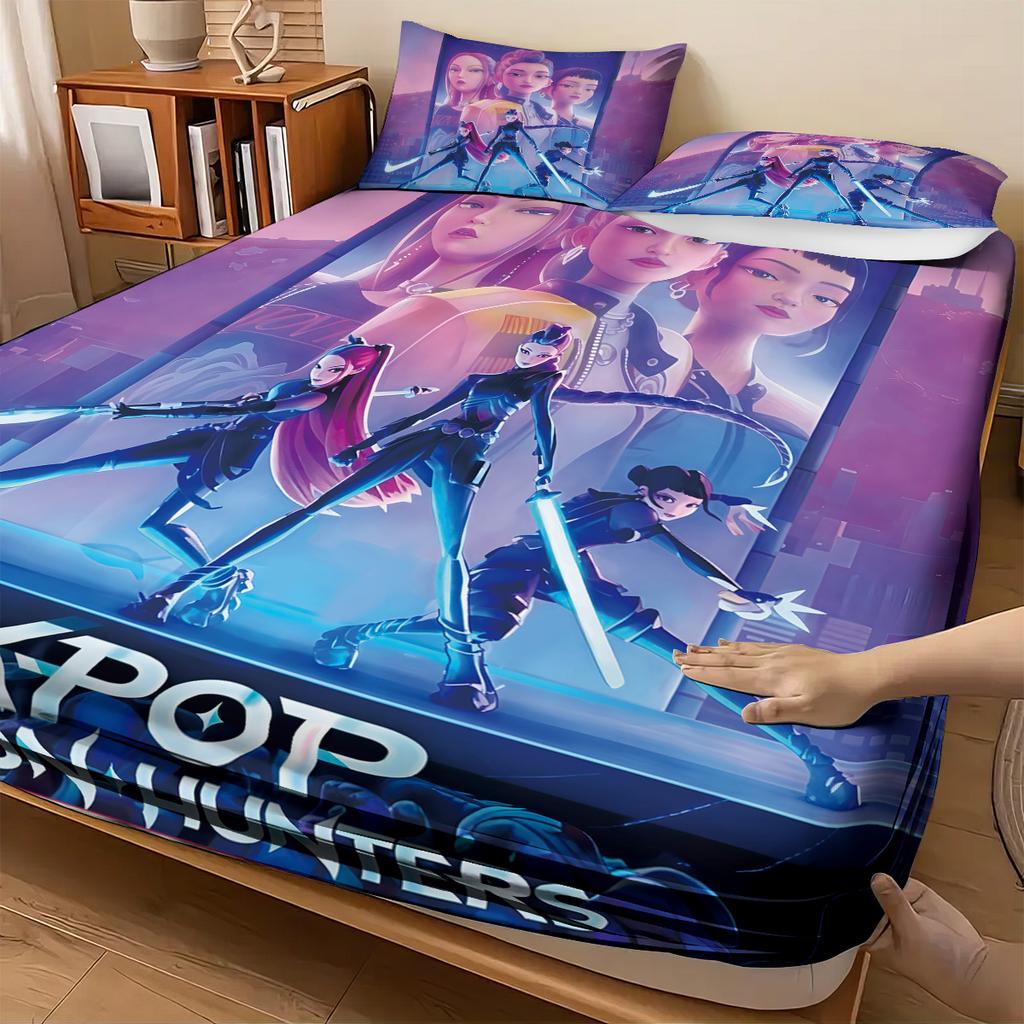 3pcsK-Pop Demon Hunters Printed coreless Fitted Sheet Set Multi Size Soft Bed Cover Bedroom Bedding Decoration Machine Washable