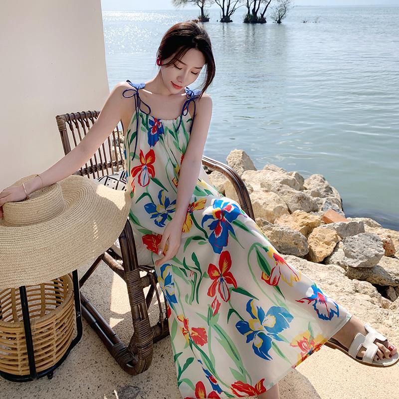 RUGOD Sanya Seaside Resort Beach Dress Women's New Summer Printed Suspender Dress Hainan Tourism Photo Long Dress