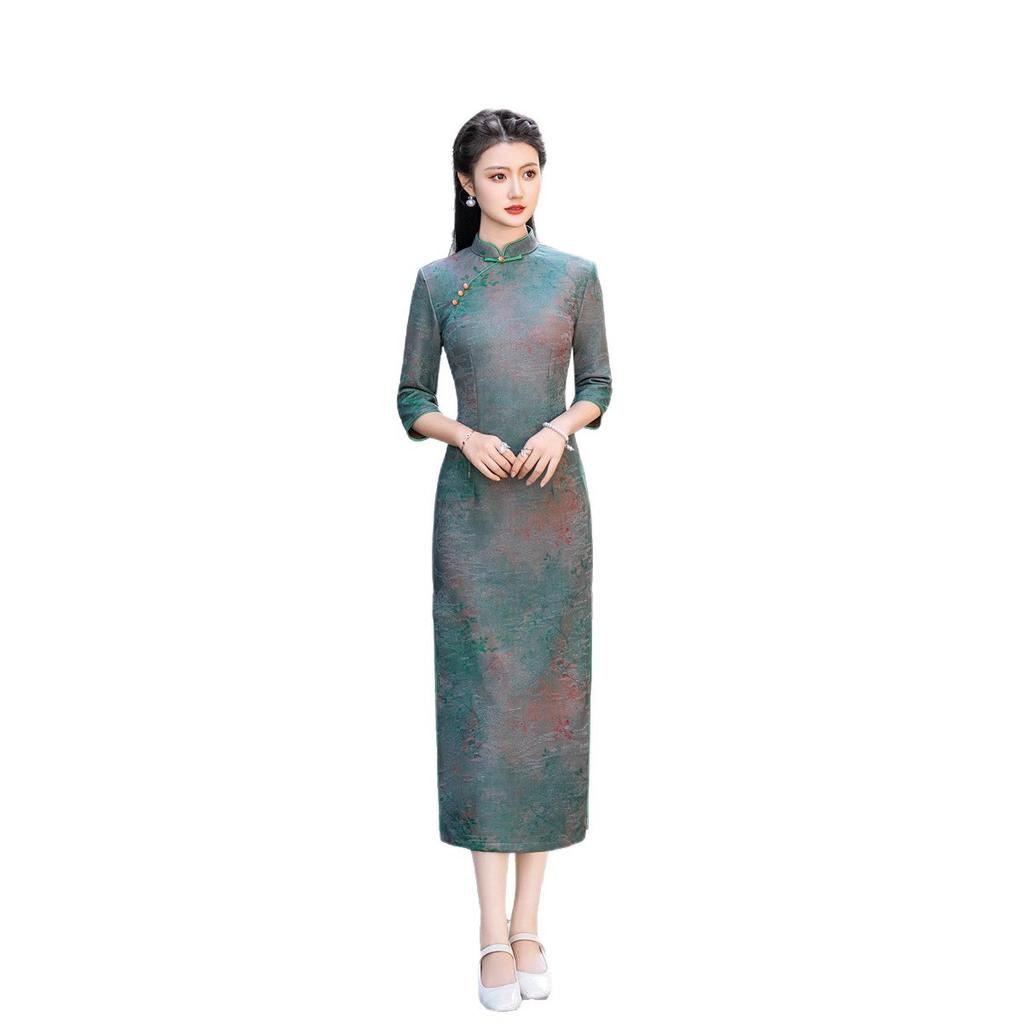 Autumn and Winter Cheongsam Temperament National Style 1011 New Retro Noble and Elegant Daily Long Green Old Shanghai Dress