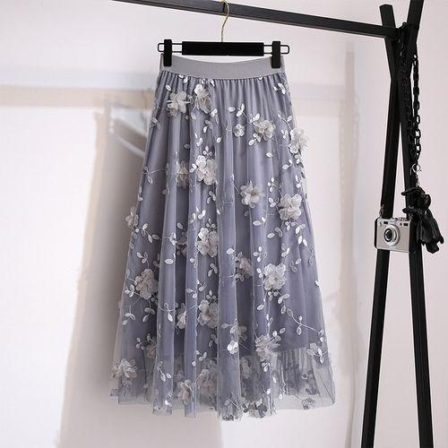 Herfst Winter Dames Hoge Taille Casual Lange Rok Kleding Mesh Kralen Mid-kuit Rokken Vrouw Lange Rokken Voor Dames