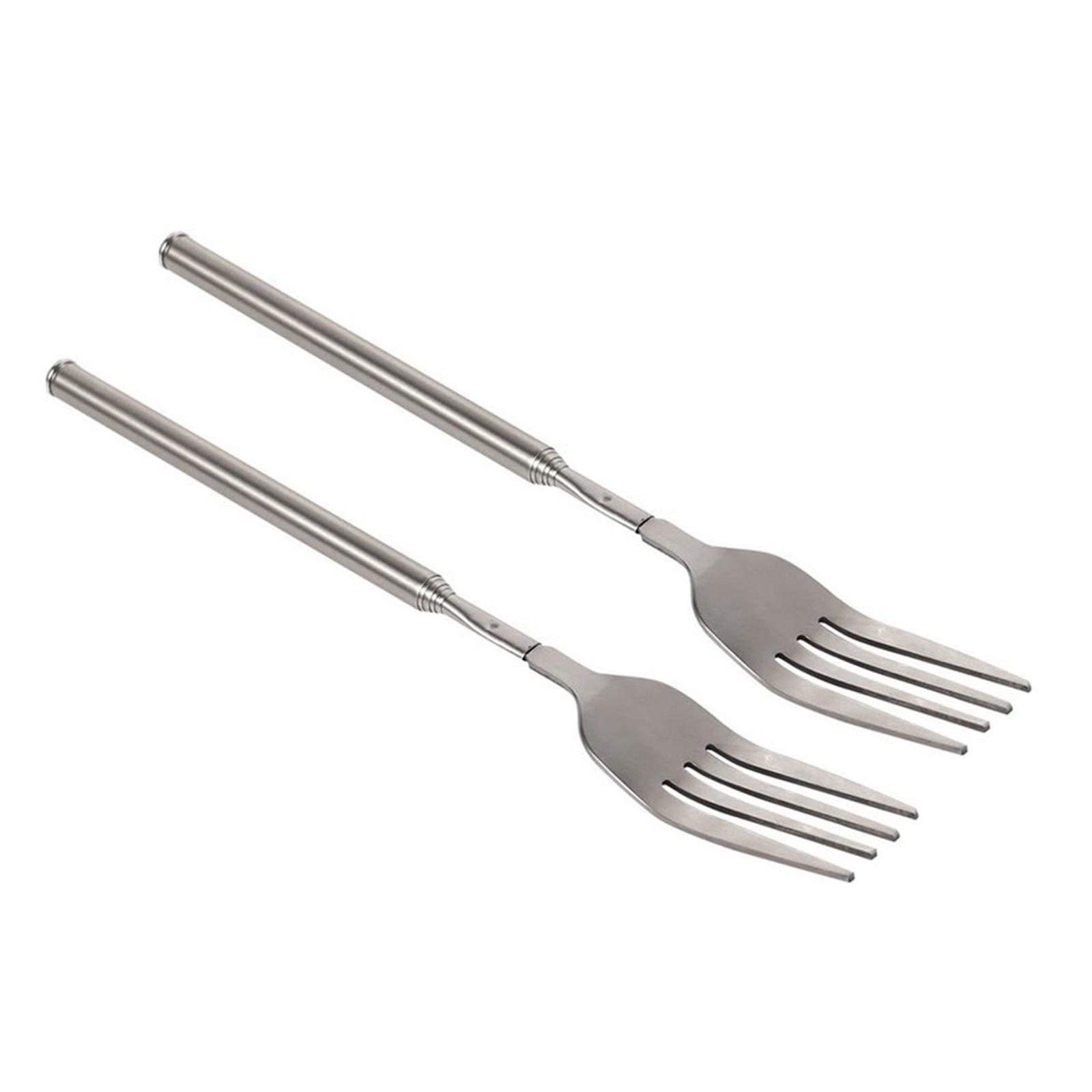 

Set Of 2 Expandable Stainless Steel Forks Spoon Telescoping Long Cutlery For Barbecue Camping And Everyday Meals A