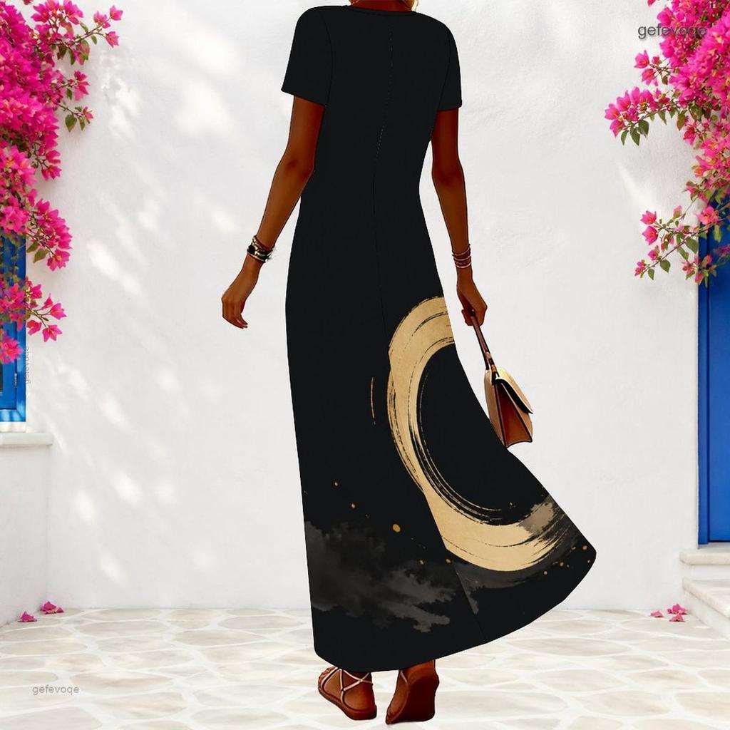 Women Plus Size V Neck Short Sleeve Dark Abstract Printed Maxi Dress
