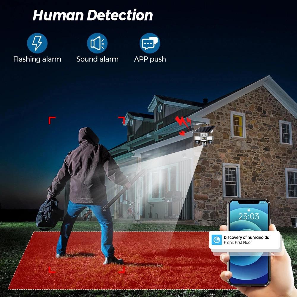 V380 PRO Solar Kamera 4G 15MP 3 PTZ Linsen Personenerkennung 3 Bildschirm Sicherheitsüberwachung Nachtsicht Wasserdicht CCTV Sicherheitschutz