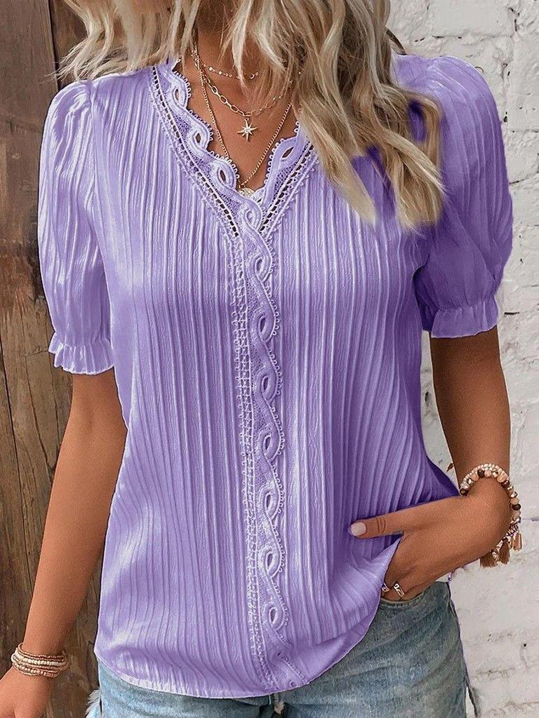2025 Summer European & American Women's Hollowed-out Short-sleeved Holiday Fashion Shirt