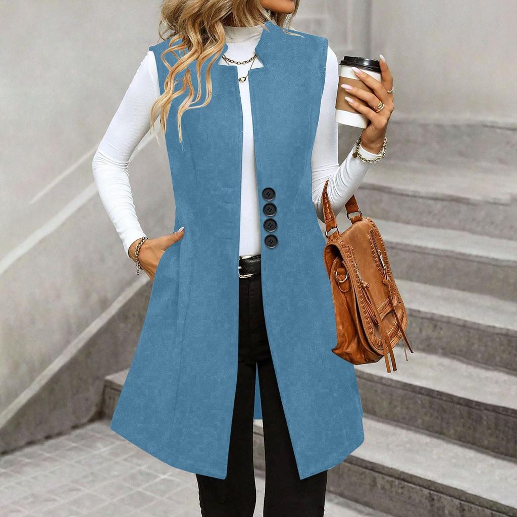Women's Fashionable Casual Lapel Buttoned Waistcoat Sleeveless Solid-Colour Jacket