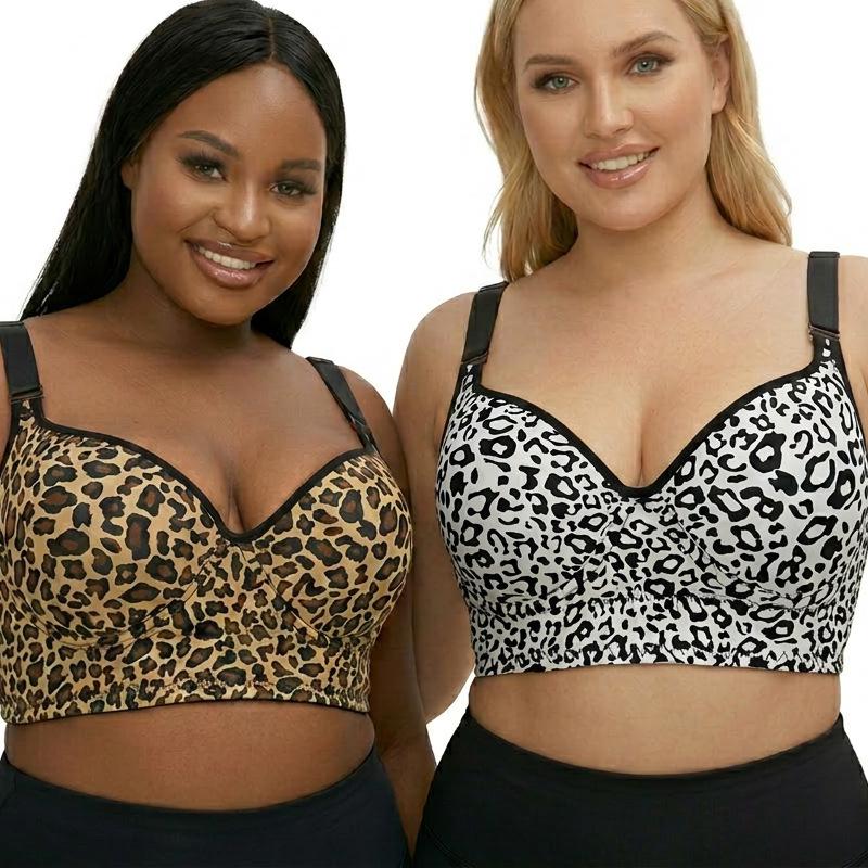European Plus Size Leopard Print Adjustable Tank Style Full Cup Bra for Women