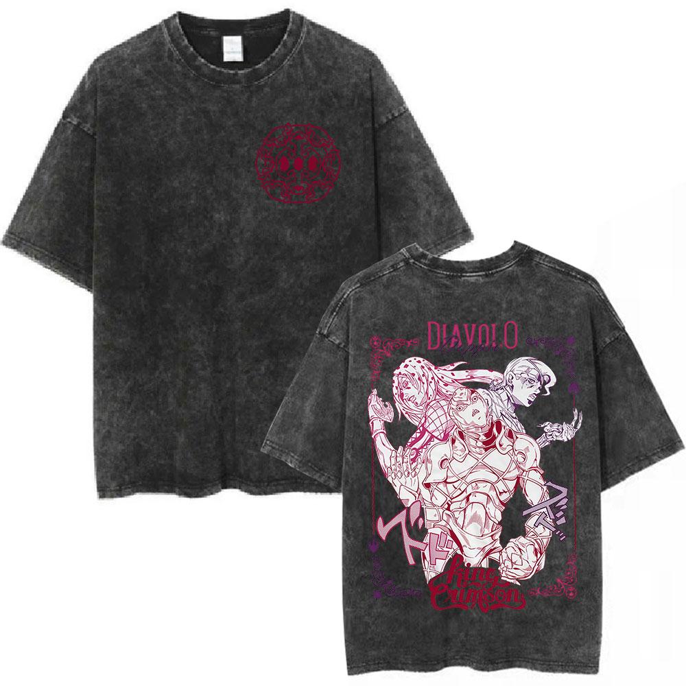 2026 New Anime JoJo Bizarre Adventure Vintage Washed T-shirt Diavolo Doppio Manga T-shirts Men Women Cotton Oversized T Shirts