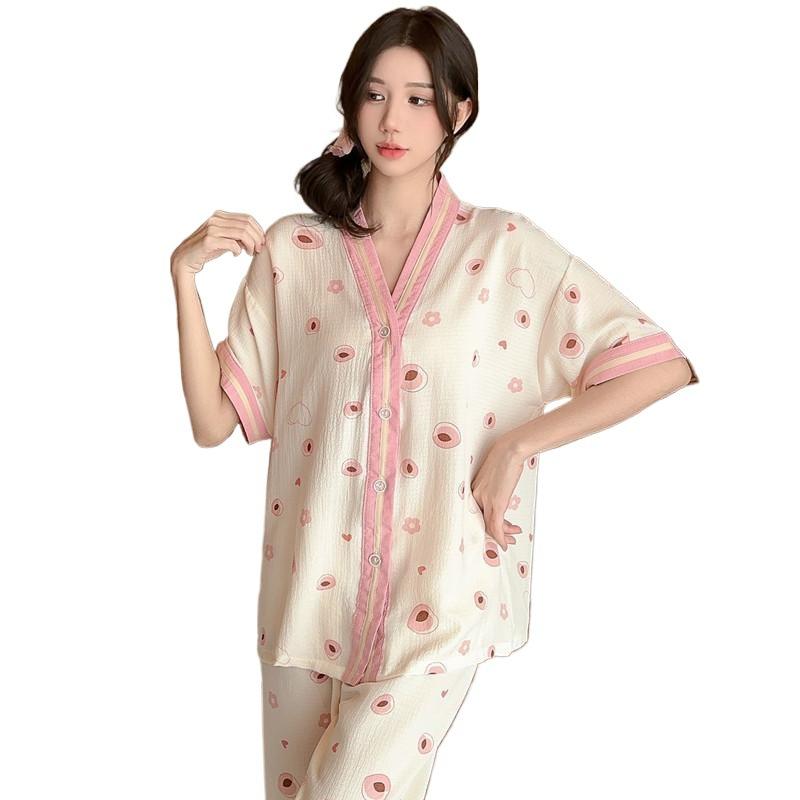 Pajamas women's summer bubble cotton yarn thin short-sleeved trousers cute cartoon Korean version flower summer loungewear two-piece set