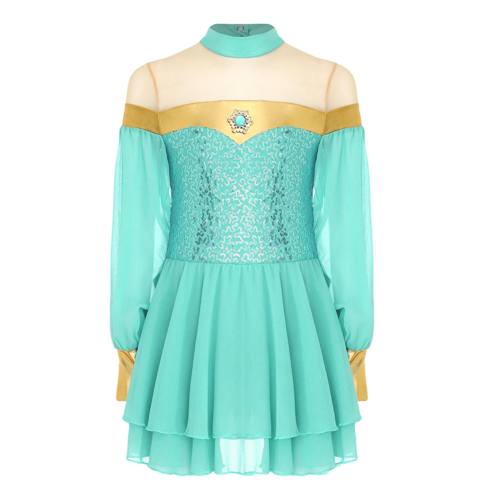 

Girls Arabian Princess Tulle Dress Lantern Sleeve Leotard Patchwork Sequins Gemstone Decoration Dance Costume 5-6 Years світло-зелений колір