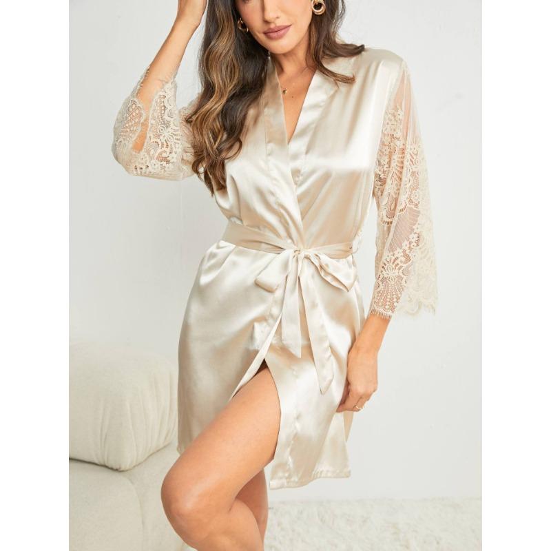 

Мода Элегантное Свободное Кружевное Женское Короткое Платье Женское Нижнее Белье Пижама V-образный Вырез Шнуровка Атлас Сексуальная Домашняя Ночная Сорочка Женская Повседневная Простая Одежда XL шампанского