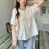 Summer French Versatile Solid Color Round Neck Short Sleeve Shirt Puff Sleeve Pleated Loose Women