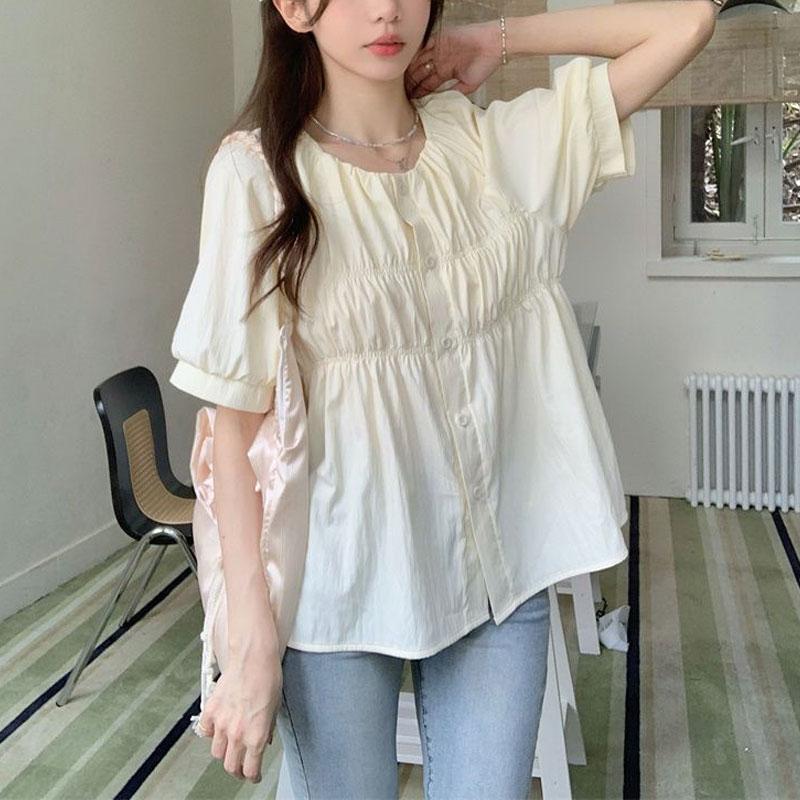 Summer French Versatile Solid Color Round Neck Short Sleeve Shirt Puff Sleeve Pleated Loose Women