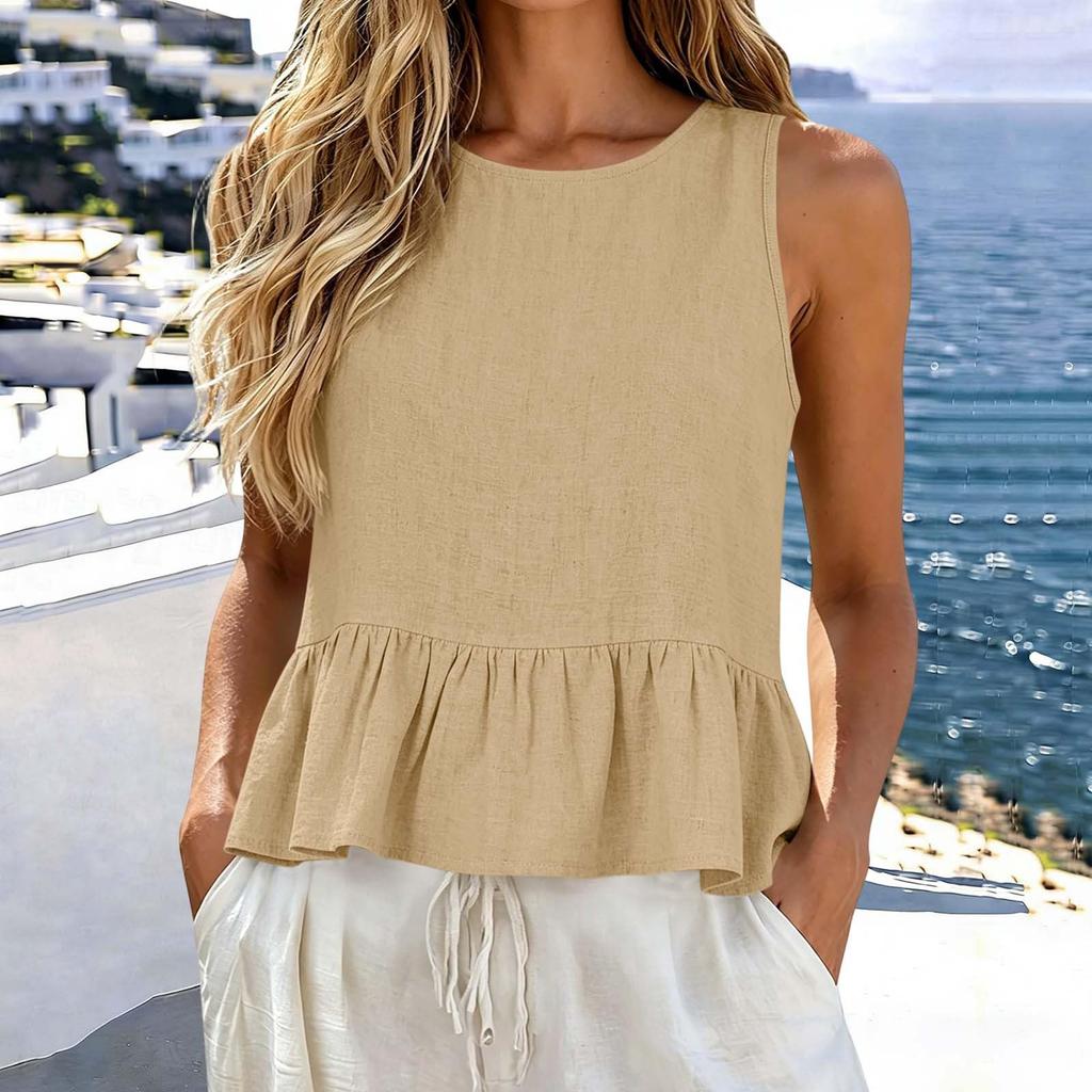 Sleeveless Peplum Hem Tank Top for Women Lightweight Casual Summer Blouse Round Neck Loose Fit Ruffle Bottom Shirt