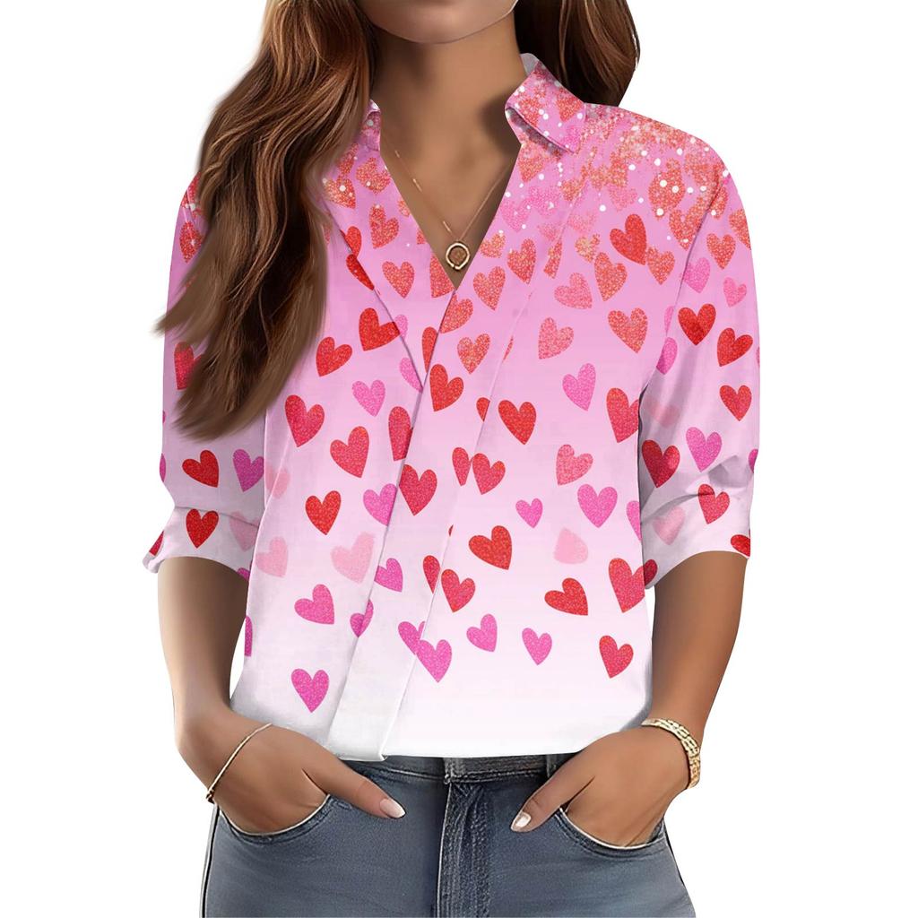 Women's 3/4-Sleeve V-Neck Shirt Printed Workwear Casual Regular Shirt Collar Top