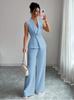 Womens Sleeveless V Neck Blouse Wide Leg Pants Set Solid Color Suit