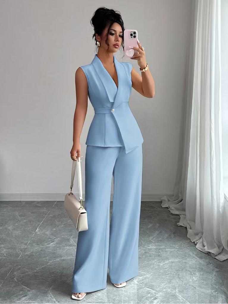 Womens Sleeveless V Neck Blouse Wide Leg Pants Set Solid Color Suit