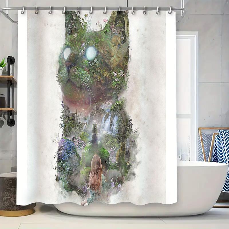 

Mystical Forest Shower Curtain Nature Landscape Waterfall Trees Botanical Backdrop Home Decor Bathroom Artistic Scenic Wall Hang W60H190(CM)-1 Pcs