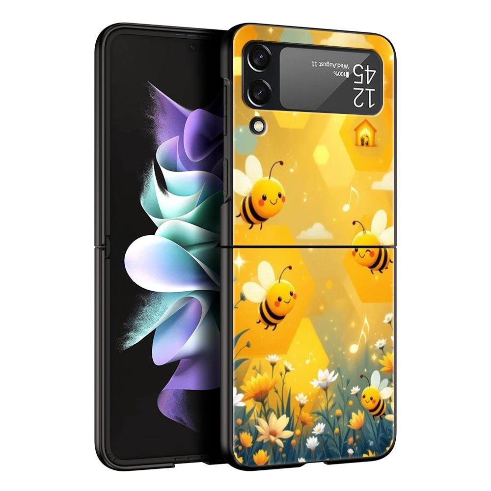 Honeybee Flower Pattern Hard PC Phone Case For Samsung Galaxy Z Flip 7 6 5 4 Black Cover For Galaxy Z Flip 3 Foldable Shell Bags