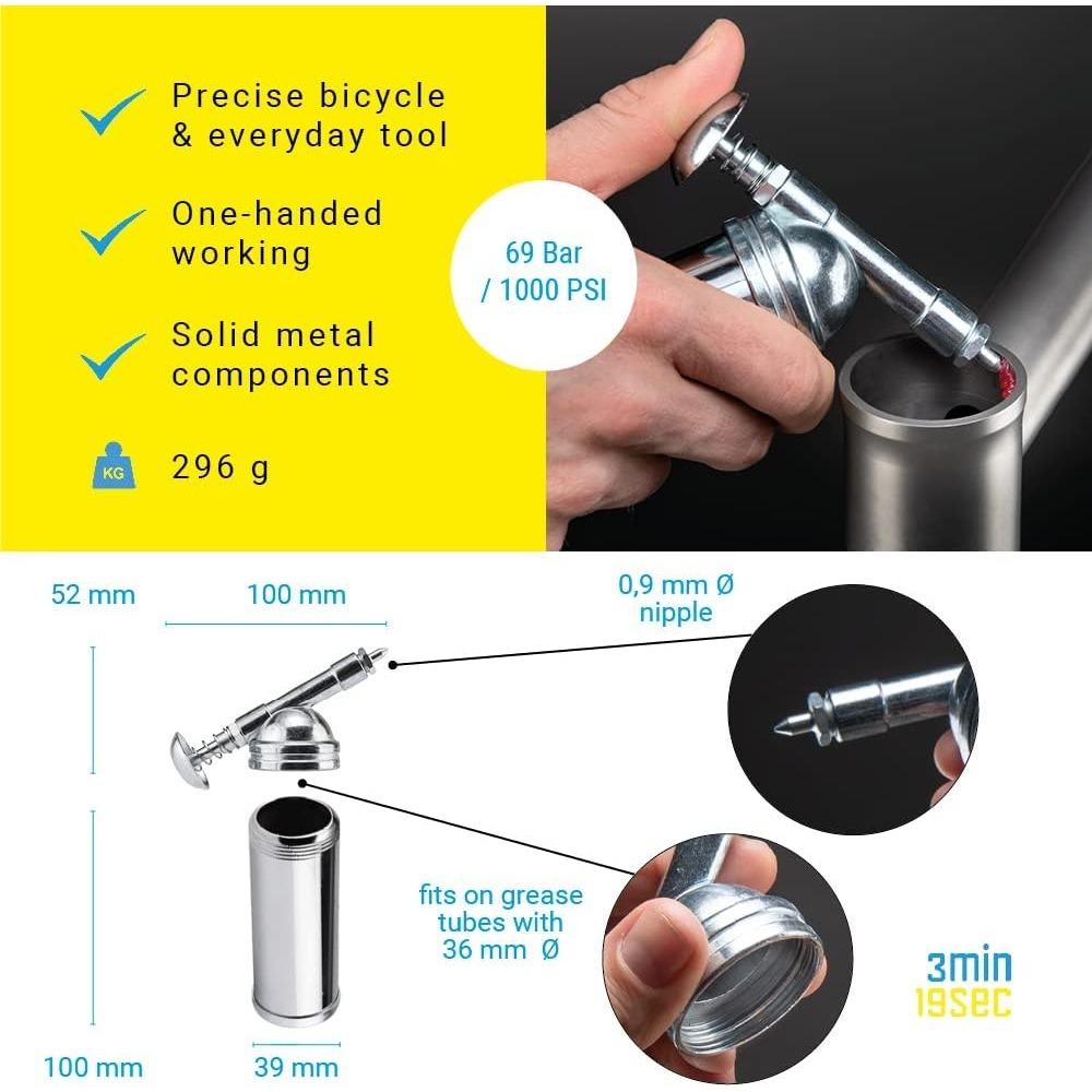 3min 19sec Mini Fettpresse Einhand Fettspritze bis 69 Bar, präzise Dosierung mit 0,9mm Schmiernippel, kleine Fettpresse für loses Fett oder Tube