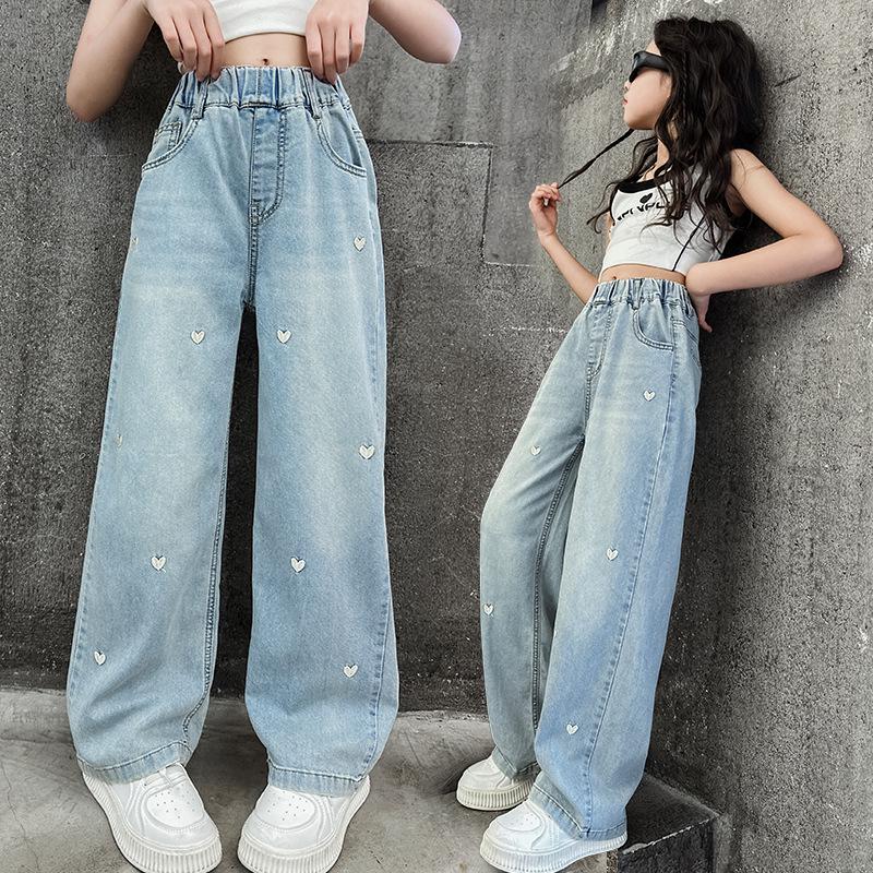 Girls' Trendy Spring 2025 Loose Wide-Leg Jeans - Casual, Straight-Leg Style for Middle and Big Kids