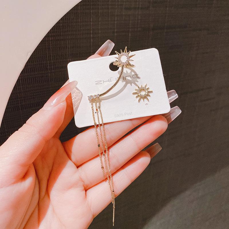 Asymmetrical Six-Pointed Star Stud Earrings, S925 Sterling Silver, Korean Style, Micro-Paved, Super Shiny, Trendy for Women