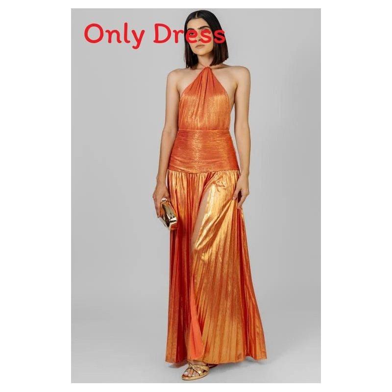 Metalic Sheen Elegant Sleeveless Backless Dress With Slit For Party And Evening Wear