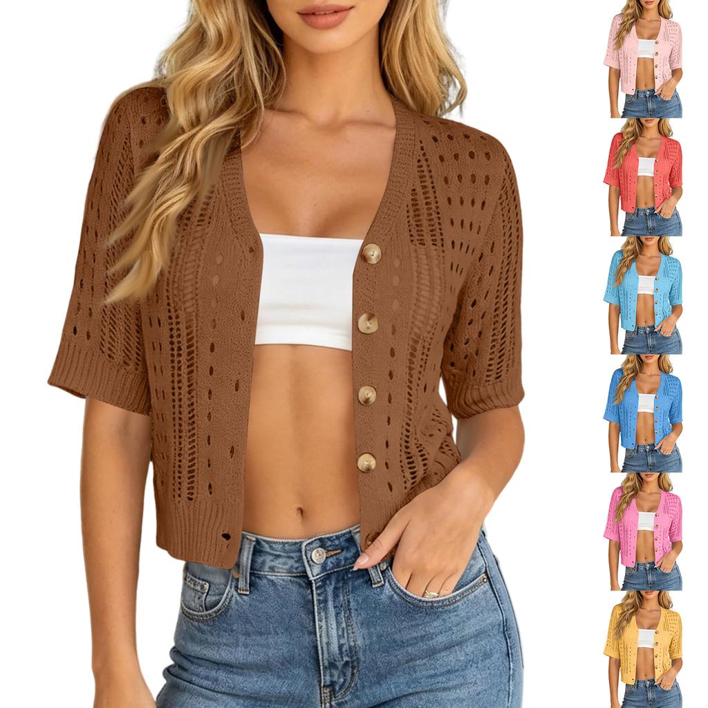 Damen Strick Offene Vorderseite Strand Überwurf - Kurzarm Cropped Cardigan für Sommer Strandurlaube
