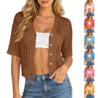 Damen Strick-Durchbruch-Cardigan Kurzarm Knopfleiste Strand-Überwurf Lässiger Leichter Pullover Top