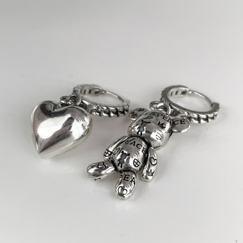 2pcs Antique Silver-plated Earrings For Both Men And Women Vintage Style Asymmetric Unique Bear Pendant Jewelry