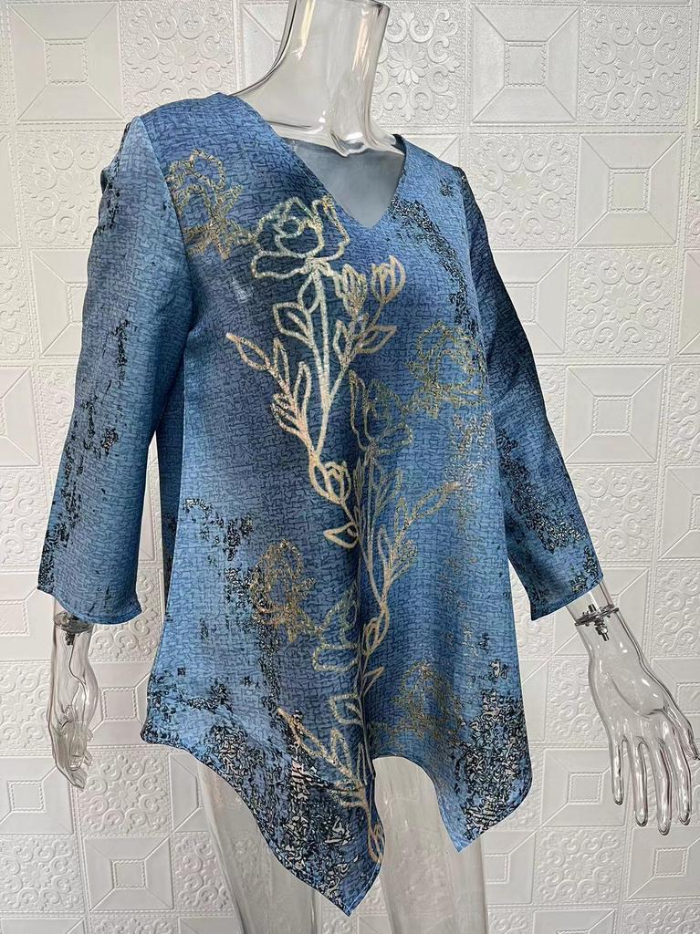 2024 Women's Plus Size Casual V-Neck Long Sleeve Printed Top