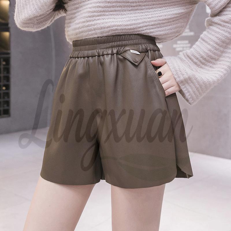 2026 Autumn/Winter Women's High Waist A-line PU Leather Shorts with Elastic Waist and Slimming Wide Leg Design