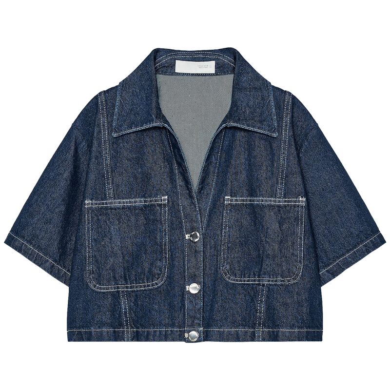 

Zaprha2025 New Fashionable Sexy V-neck Loose Denim Short Sleeve Lapel Shirt for Women Slim Looking 7484064 Blue L