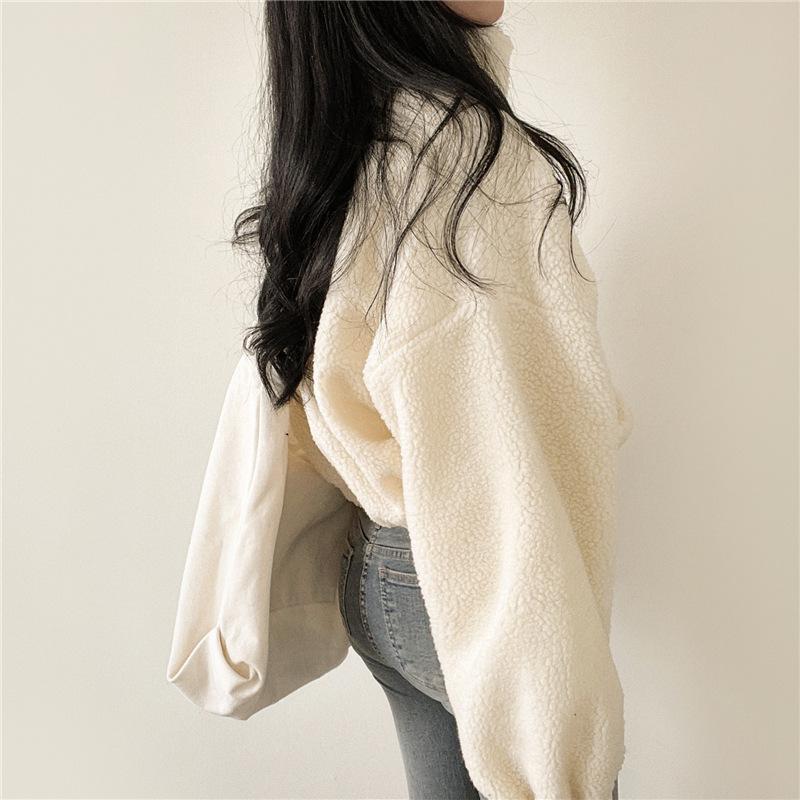 Giacca Corta da Donna di Design con Collo Alto Calda in Finta Lana d'Agnello Autunno e Inverno Ampia e Versatile Cardigan Top con Zip
