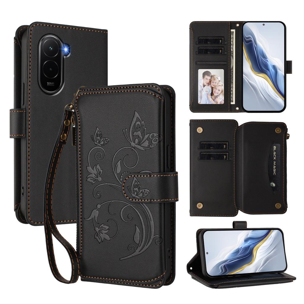 For Xiaomi Poco M7 Plus 5G/M7 4G (169mm) Leather Case Butterfly Floral Imprint Zipper Wallet Stand Cover with Wrist Strap