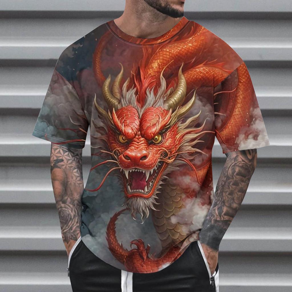 Animal  Dragon Pattern 3D Print Round Neck Short Sleeve Men's T-shirts Oversized Harajuku Tops