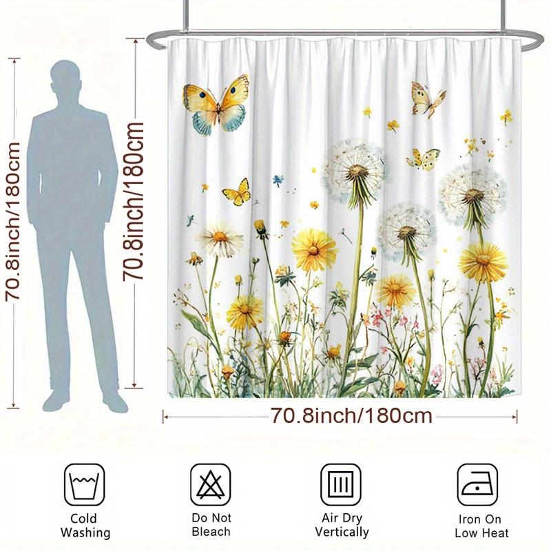Cortina de Ducha de Diente de León con Mariposas - Diseño Acuarela, Poliéster Suave, Fondo Blanco con Flores Amarillas y de Colores