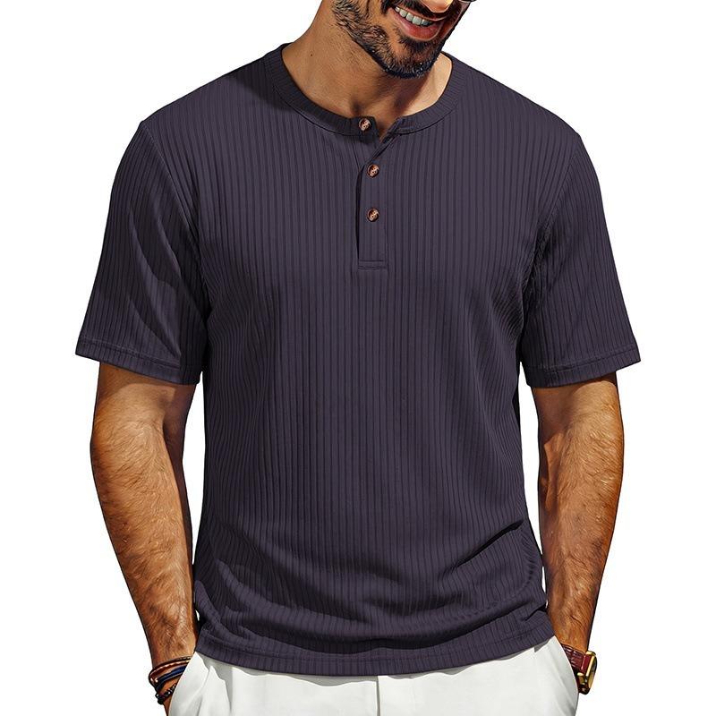Men Retro Casual Ribbed Henley Short Sleeve Sports T Shirt
