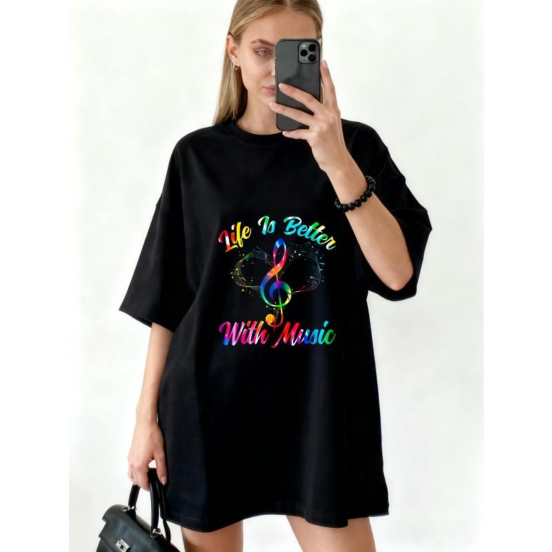 

Oversized T Shirt Black Life Is Better With Music Rainbow Treble Clef And Notes Print Casual Streetwear For Women XXXXL чорний