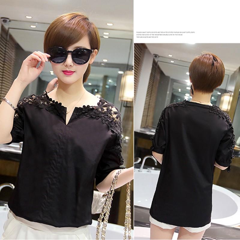 Women Solid Color Hollow Out Blouse Women Casual Cotton Half Sleeve V-neck Shirts Tops