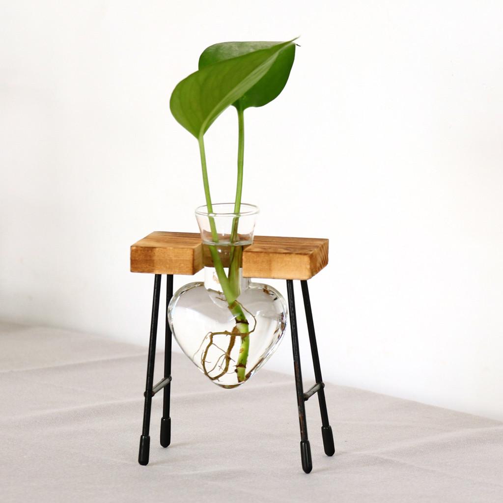 Heart Shape Glass Hydroponic Vase Flower Plant Pot Wooden Tray Desk Decoration