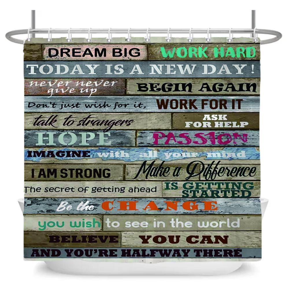 Vintage Rustic Style Wood Grain Letter Shower Curtains Bathroom Curtain Waterproof Polyester Decor Curtain with Hooks Wall Cloth