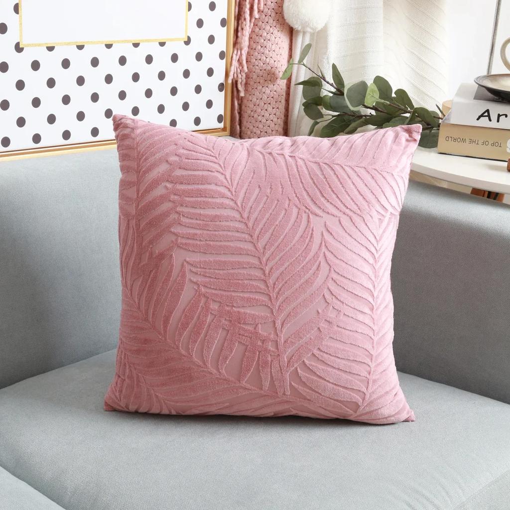 1Pc Velvet Leaf Throw Pillow Covers, Modern Square Decorative Pillowcase, Neutral Palm Cushion Case for Sofa Couch 18 x 18 Inch